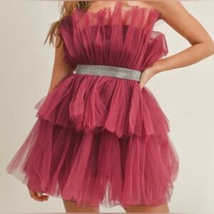 NWOT Mable Strapless Tulle Mini Dress with rhinestone belt, medium